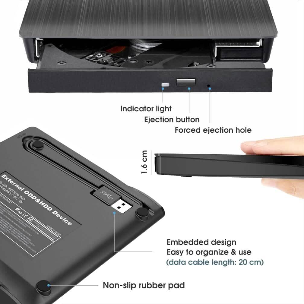 ROOFULL External CD DVD Drive USB 3.0 CD-Burner Premium Portable CD-ROM DVD+/-RW Optical Disc Drive Player Reader Rewriter  (Refurbished)