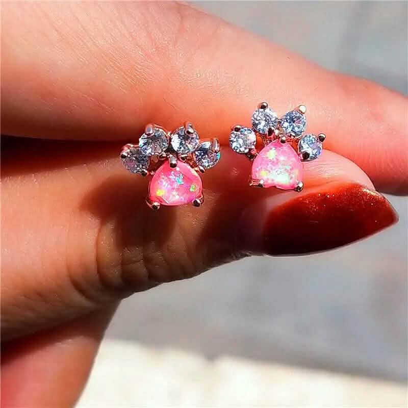 Rose Golden Opal Paw Print Stud Earrings
