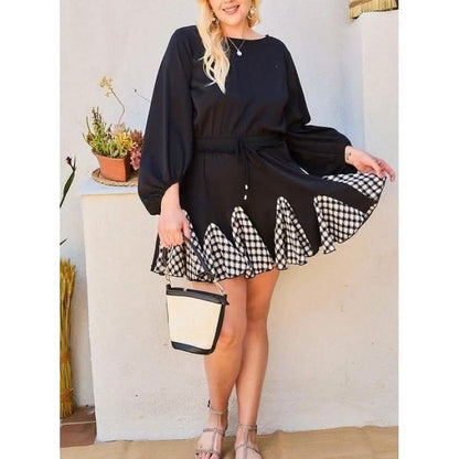 Round Neck 3/4 Bubble Sleeve Gingham Ruffle Romper