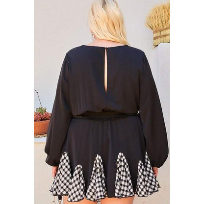 Round Neck 3/4 Bubble Sleeve Gingham Ruffle Romper