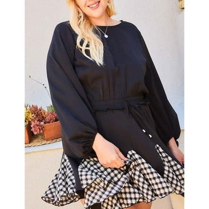 Round Neck 3/4 Bubble Sleeve Gingham Ruffle Romper