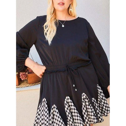Round Neck 3/4 Bubble Sleeve Gingham Ruffle Romper