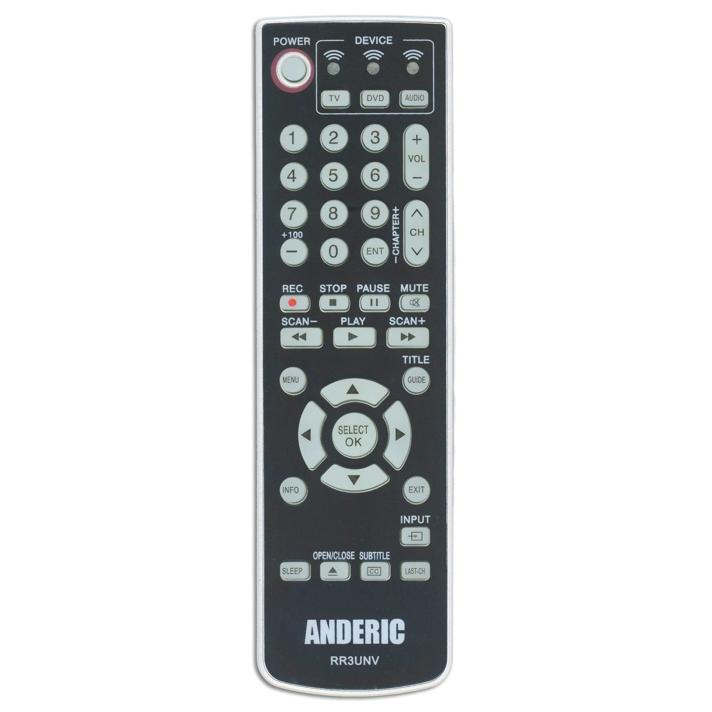Anderic RR3UNV 3-Device Universal Remote Control for TV/DVD/VCR/Cable/Sat/Audio with Learning