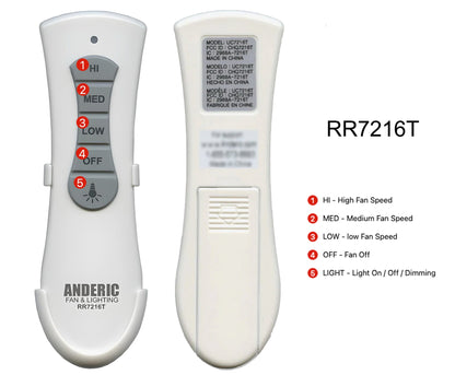 Anderic RR7216T Ceiling Fan Remote Control for UC7216T, CHQ7216T | RF | 4-DIP Pairing | 304 MHz
