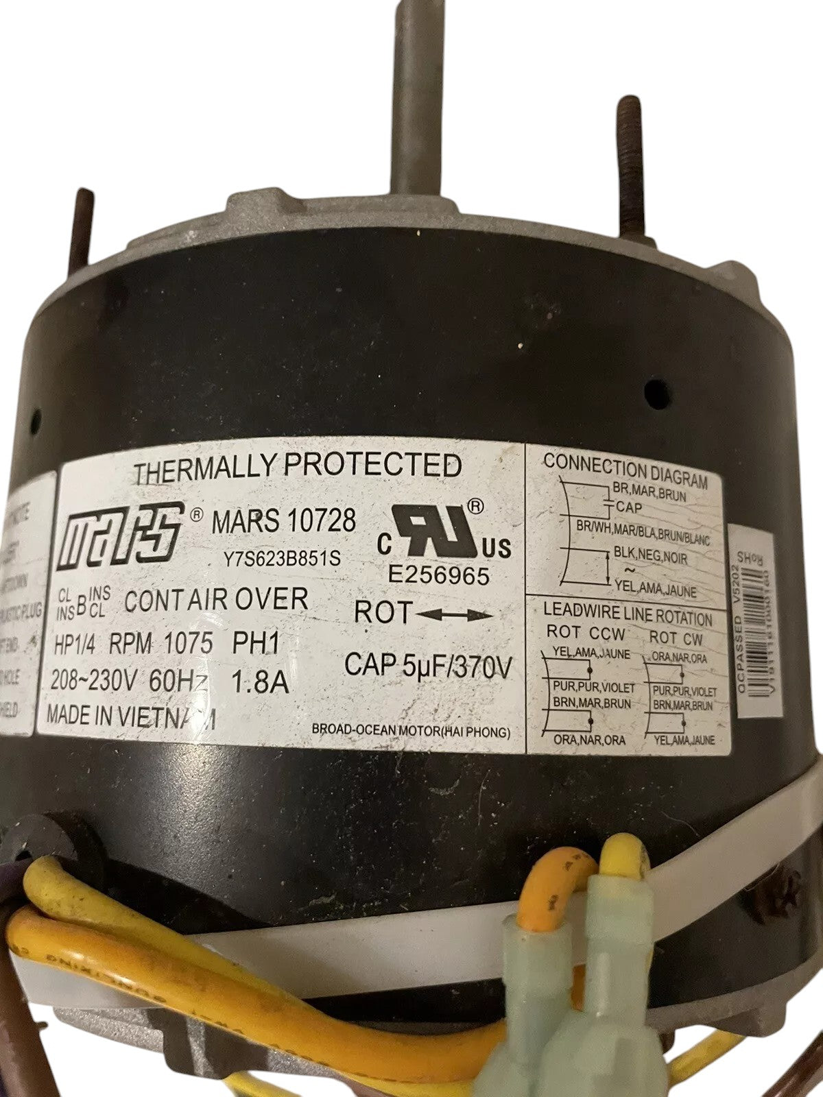 MARS 10728 5.5" Outdoor Condenser Fan Motor (1/4 HP, 208-230V, 1075 RPM) (REFURBED)