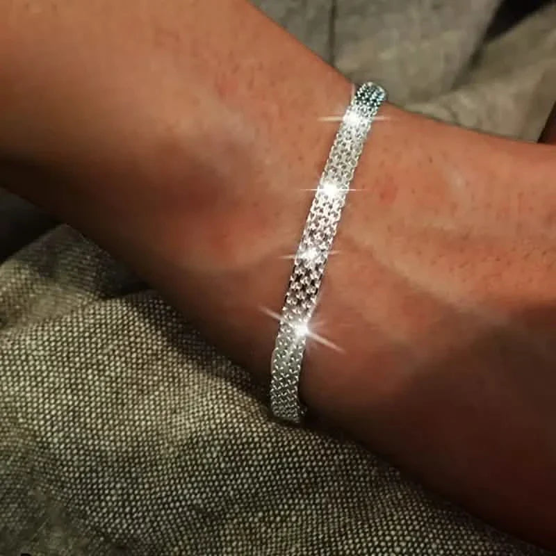S925 Sterling Silver Chain Bracelet, Sparkling Mesh Embossing Pattern Jewelry