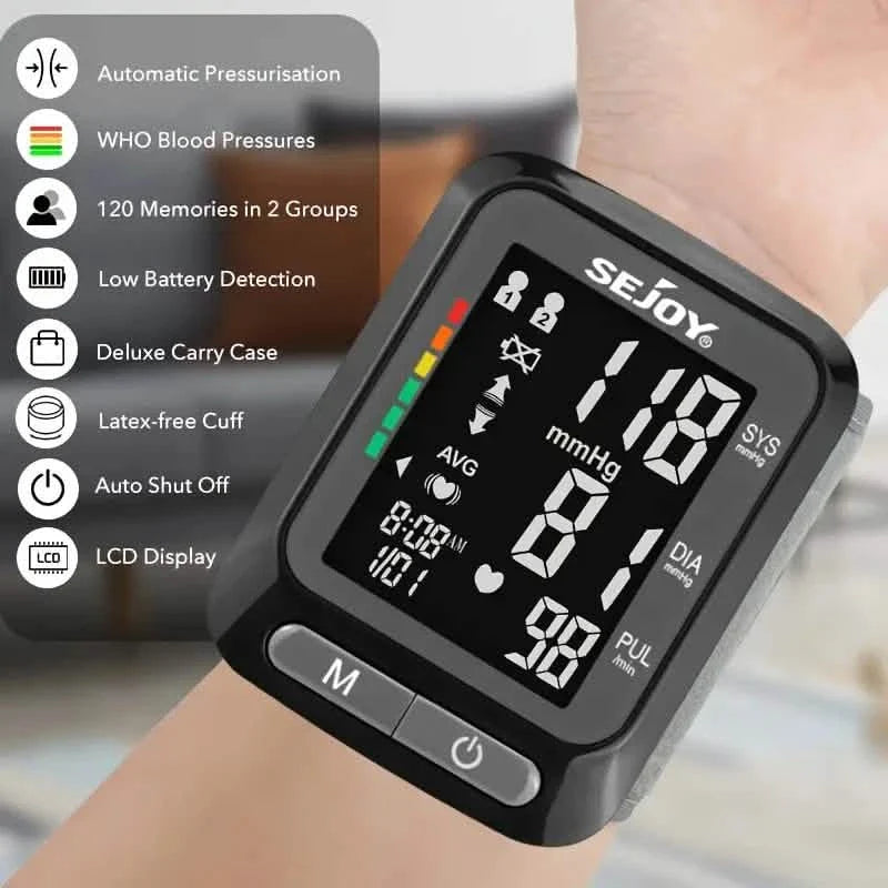 SEJOY Wrist Blood Pressure Monitor Automatic Digital Cuff Heart Rate BP Machine