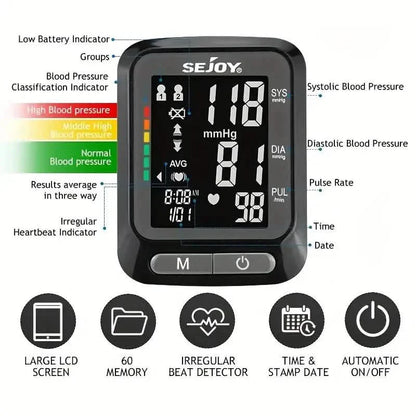 SEJOY Wrist Blood Pressure Monitor Automatic Digital Cuff Heart Rate BP Machine