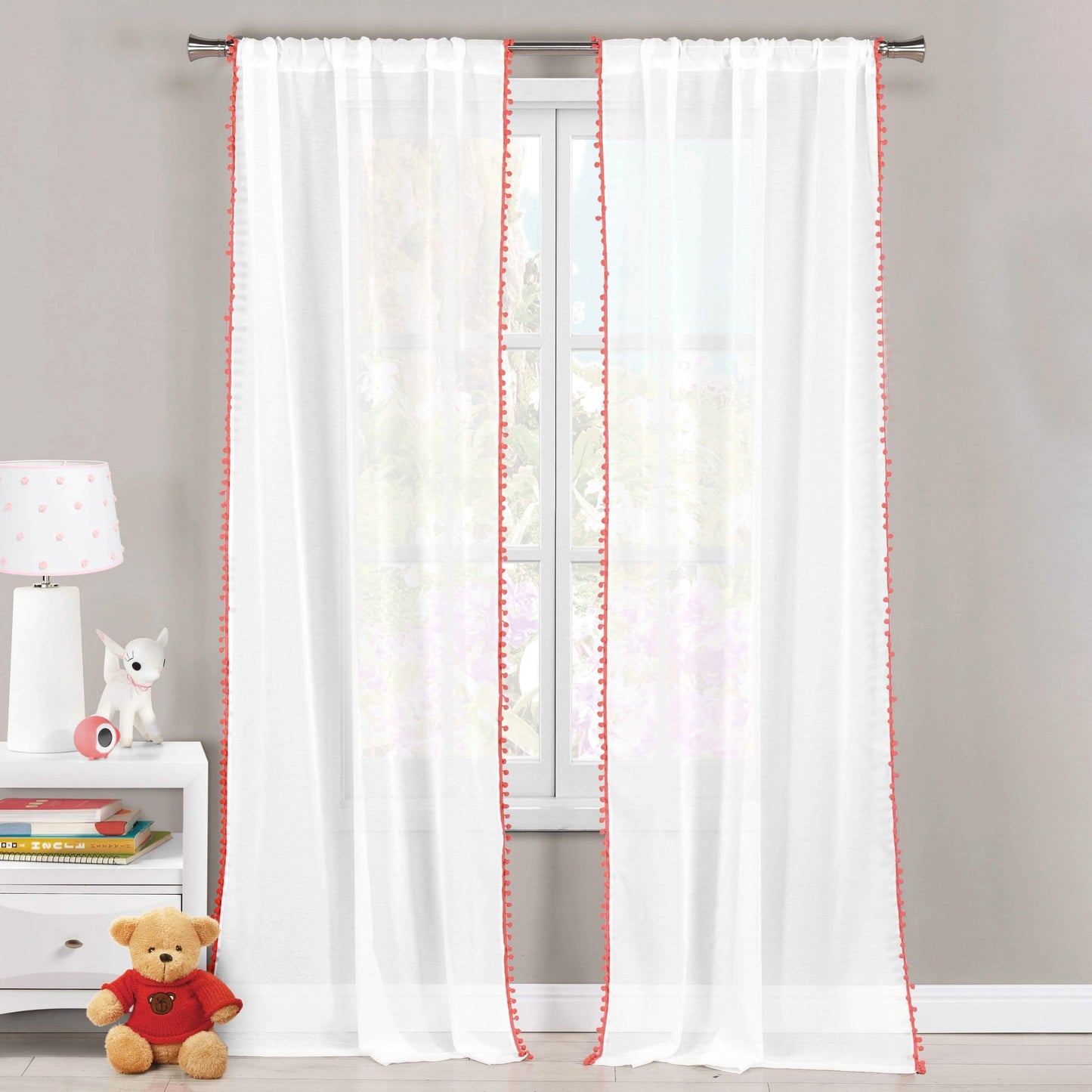 Set of 2: Pompom Semi-Sheer Window Curtain Pair Panel