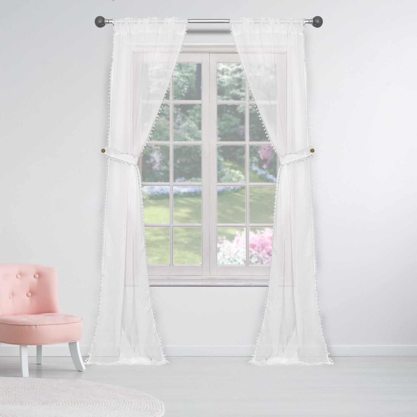 Set of 2: Pompom Semi-Sheer Window Curtain Pair Panel