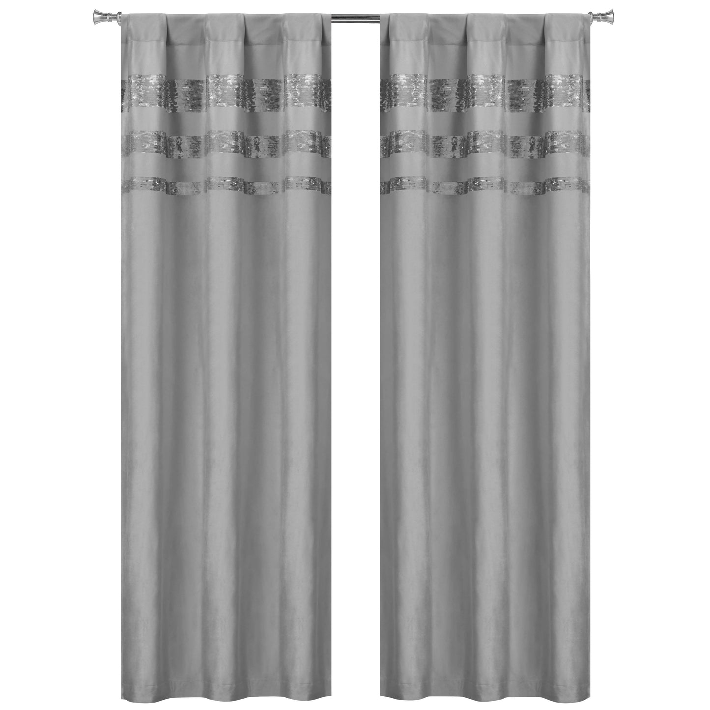 Set of 2: Velvet Metallic Stripe Border Blackout Window Curtain Pair Panel