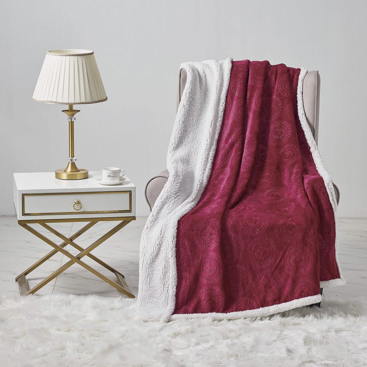 Sheradian Embossed Print Fleece/Caesar Sherpa Reversible Throw Blanket