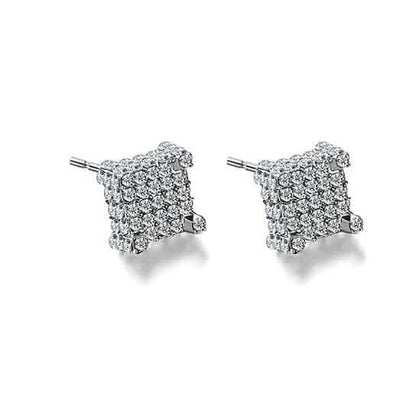 Silver Micro Pave Stud Earrings Clear Square 3D Sidestones