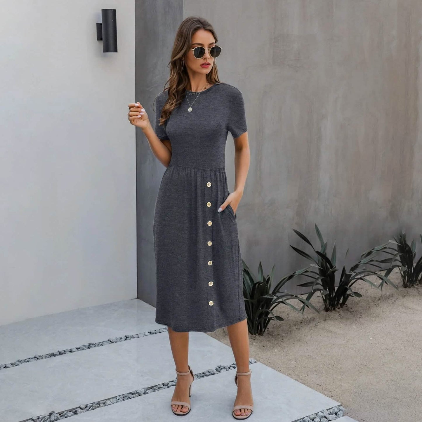 Slant Pocket Button Detail Dress