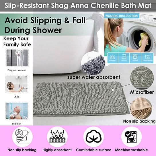 Slip-Resistant Shag Anna Chenille Soft Absorbent Bath Mat Bathroom Rug 17" x 24"