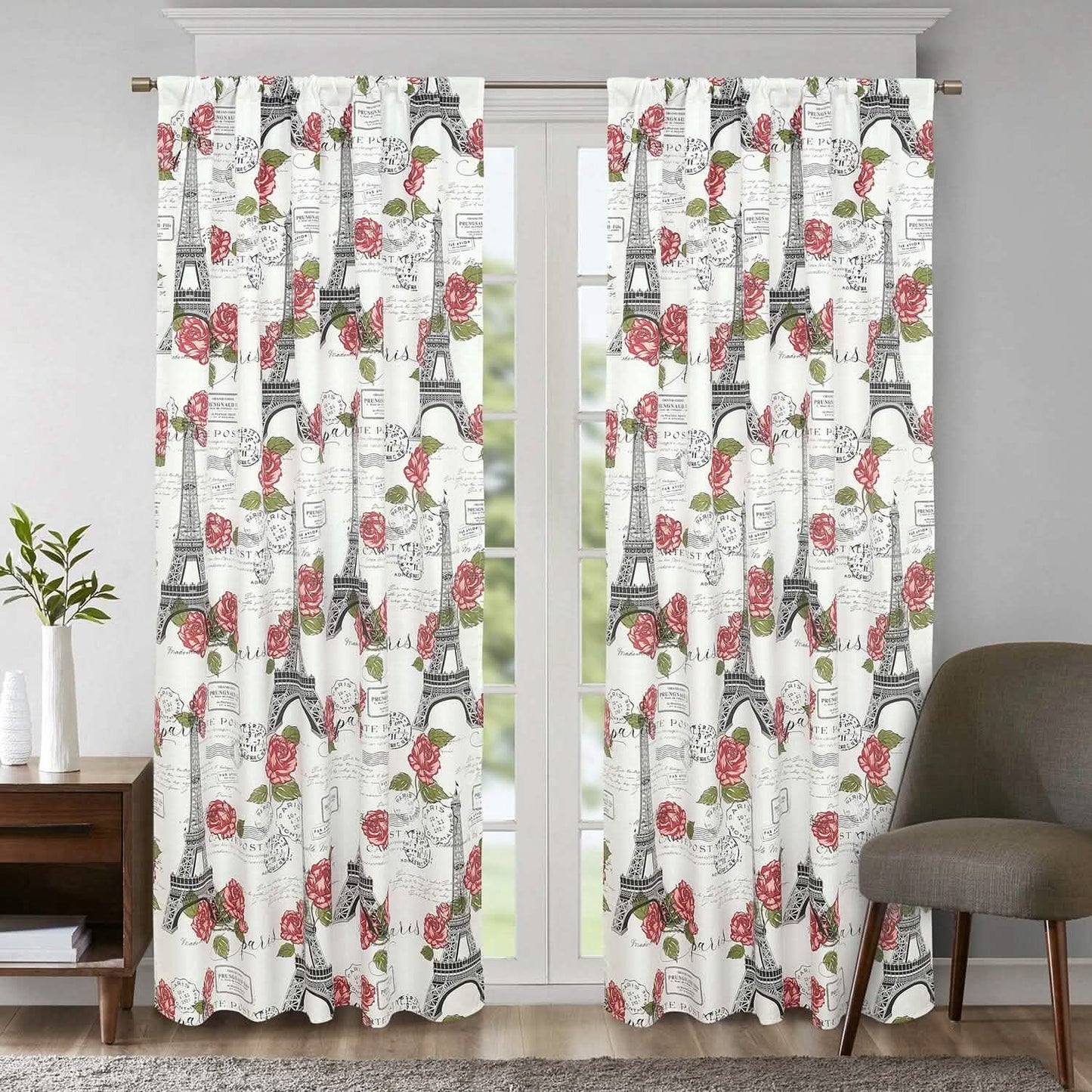 2-Piece Set: Sloane Street Paris Rose Eiffel Tower Window Curtain Panel Pair