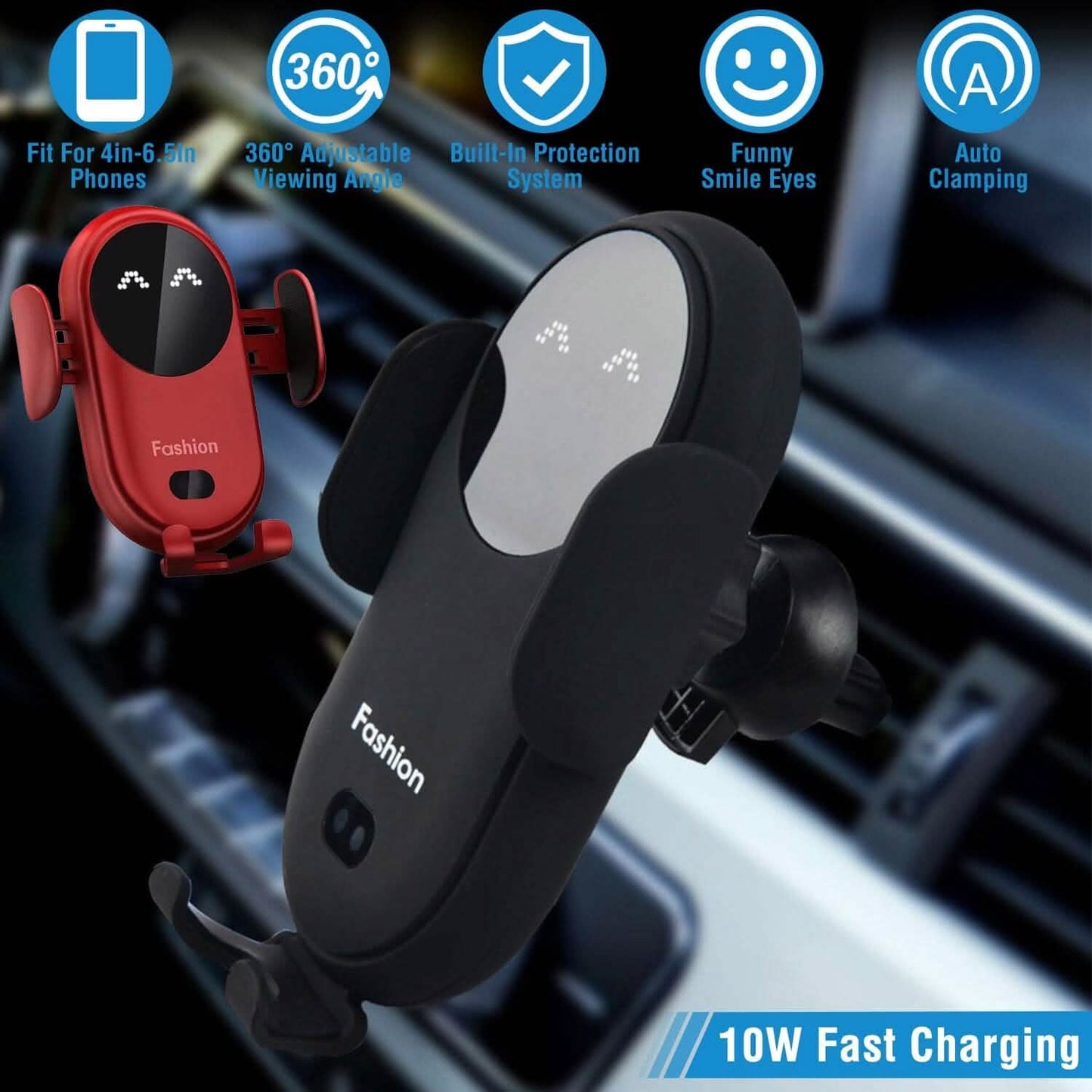 Smart Car Wireless Charger Auto Sensing Phone Holder 10W Qi Fast Charging Air Vent
