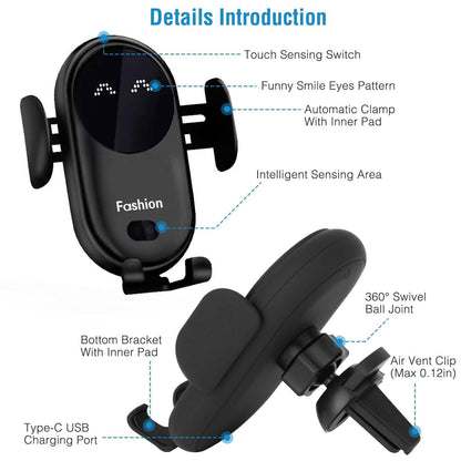 Smart Car Wireless Charger Auto Sensing Phone Holder 10W Qi Fast Charging Air Vent