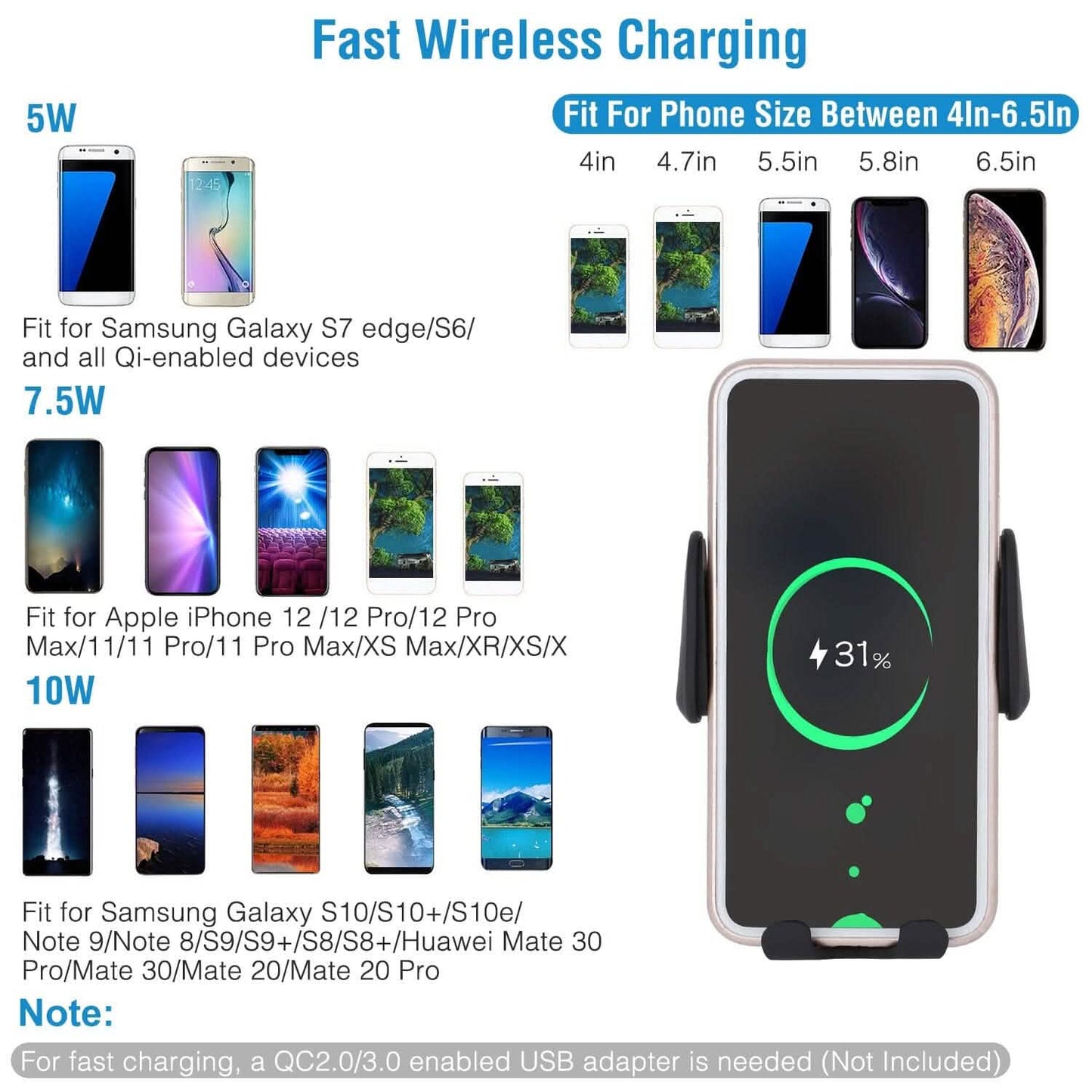 Smart Car Wireless Charger Auto Sensing Phone Holder 10W Qi Fast Charging Air Vent