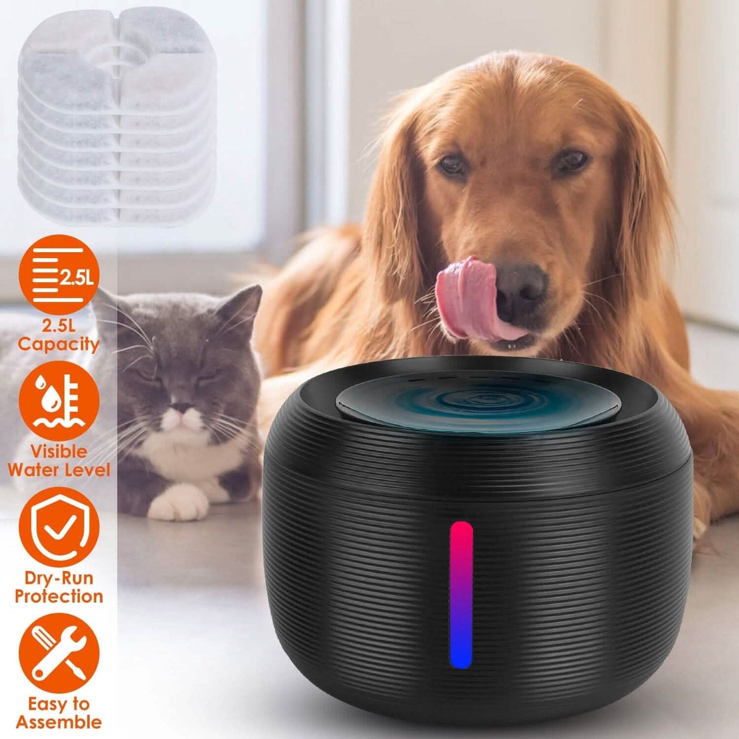Smart Pet Drinking Fountain with LED Light 7-Pack Replaceable Water Filters
