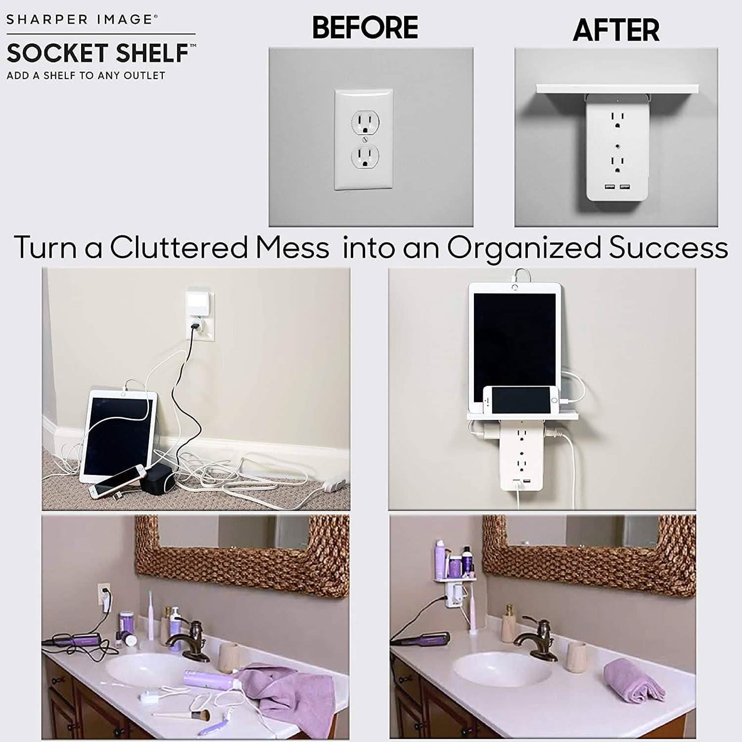 Socket Shelf 8 Port Surge Protector Wall Outlet, 6 Electrical Outlet Extenders, 2 USB Charging Ports