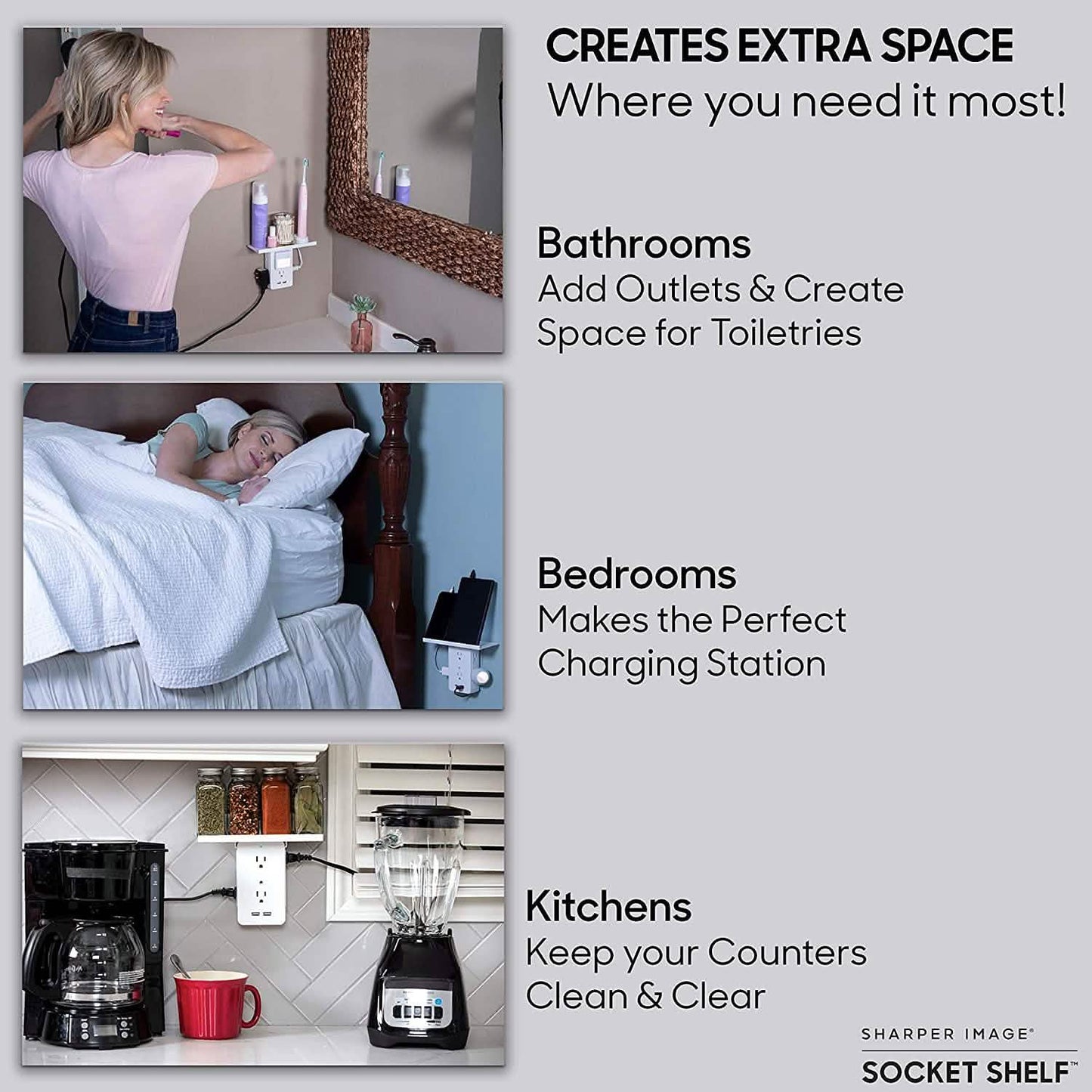 Socket Shelf 8 Port Surge Protector Wall Outlet, 6 Electrical Outlet Extenders, 2 USB Charging Ports