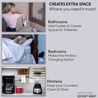 Socket Shelf 8 Port Surge Protector Wall Outlet, 6 Electrical Outlet Extenders, 2 USB Charging Ports