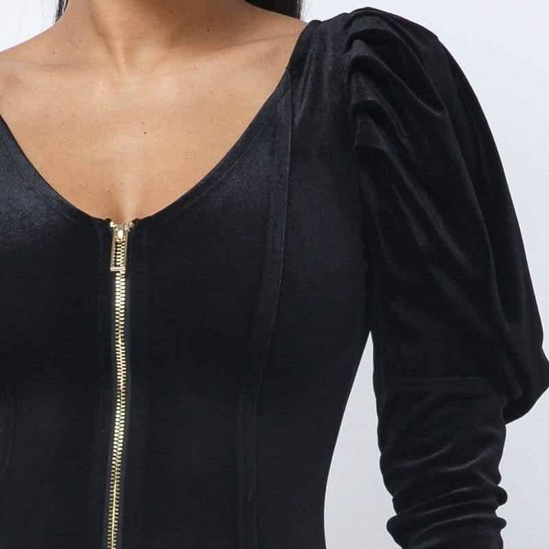 Soft Velvet Pleated Puff Sleeve Mini Dress