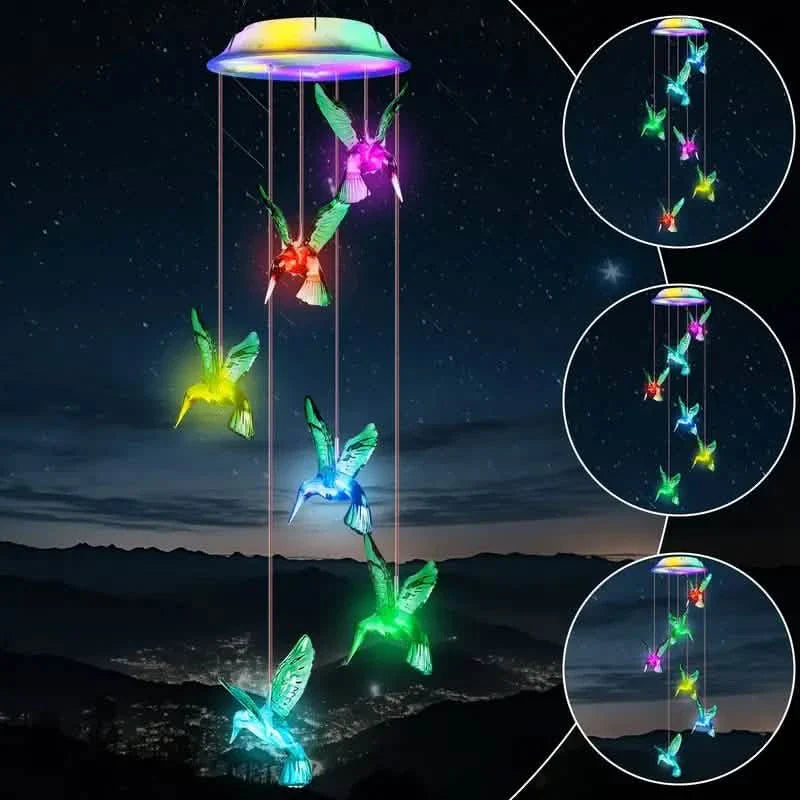 Solar Hummingbird Wind Chimes, Color Changing Solar Wind Chimes