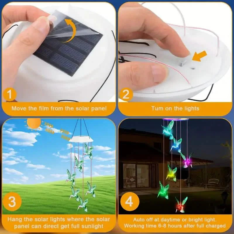 Solar Hummingbird Wind Chimes, Color Changing Solar Wind Chimes