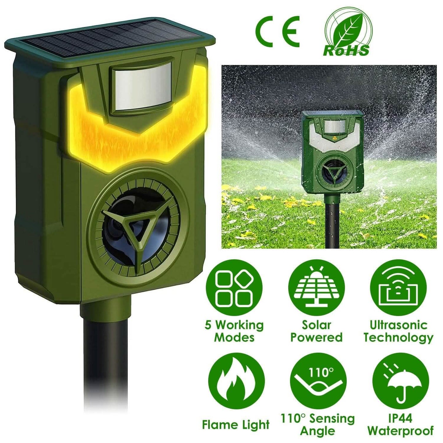 Solar Ultrasonic Animal Repeller with Flame Light USB Charge Motion Sensor