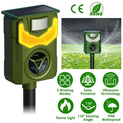 Solar Ultrasonic Animal Repeller with Flame Light USB Charge Motion Sensor