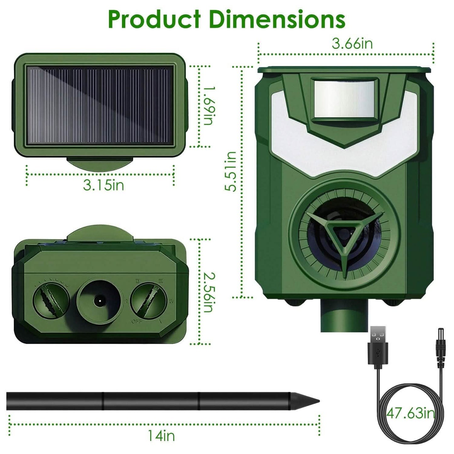 Solar Ultrasonic Animal Repeller with Flame Light USB Charge Motion Sensor