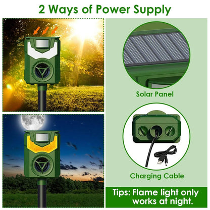 Solar Ultrasonic Animal Repeller with Flame Light USB Charge Motion Sensor