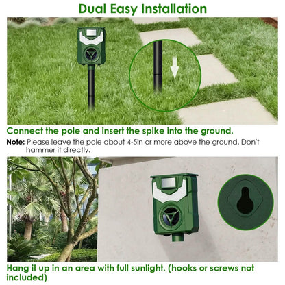 Solar Ultrasonic Animal Repeller with Flame Light USB Charge Motion Sensor