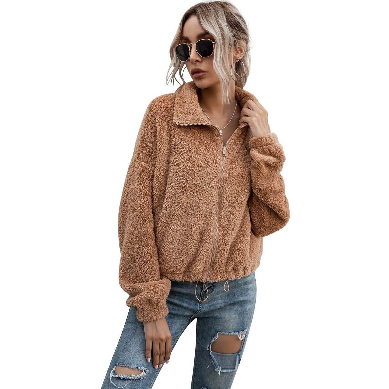 Solid Drawstring Hem Crop Teddy Jacket