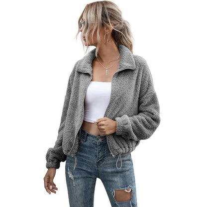 Solid Drawstring Hem Crop Teddy Jacket