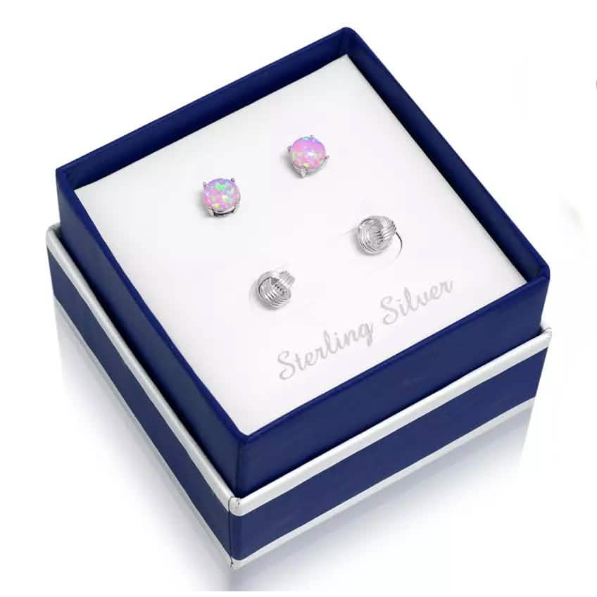 Solid Sterling Silver Love Knot And Pink Opal Earring Set