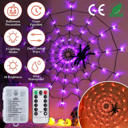 Spider Web Light with Hairy Spider 70LED Battery Powered Remote Control 8 Lighting Modes