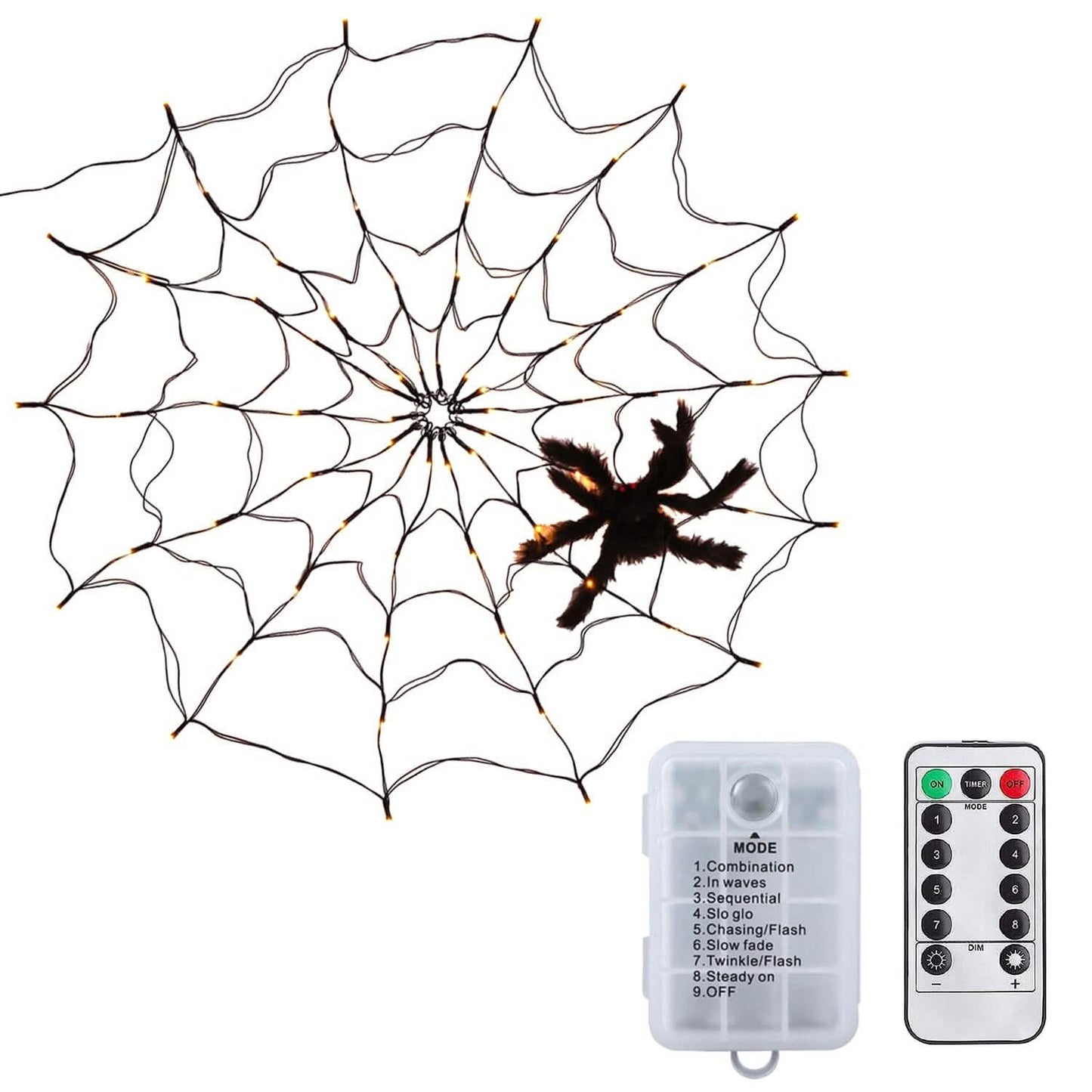 Spider Web Light with Hairy Spider 70LED Battery Powered Remote Control 8 Lighting Modes