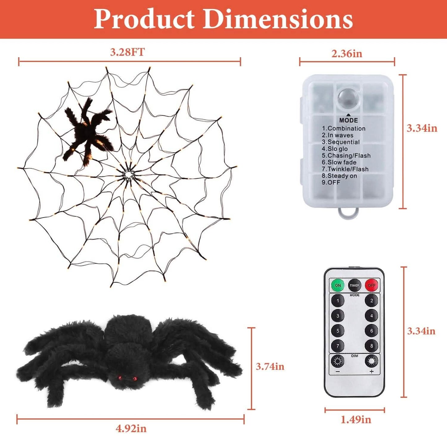 Spider Web Light with Hairy Spider 70LED Battery Powered Remote Control 8 Lighting Modes