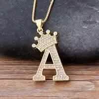 Stainless Steel Gold Overlay Hip Hop Crown A-Z Letters Necklace for Men and Women