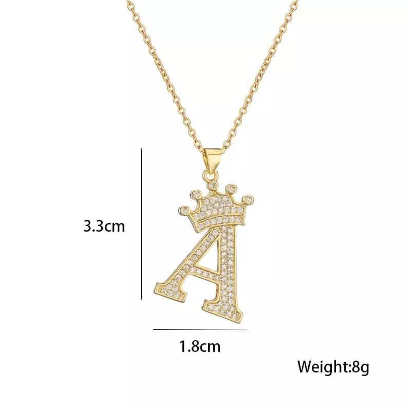 Stainless Steel Gold Overlay Hip Hop Crown A-Z Letters Necklace for Men and Women