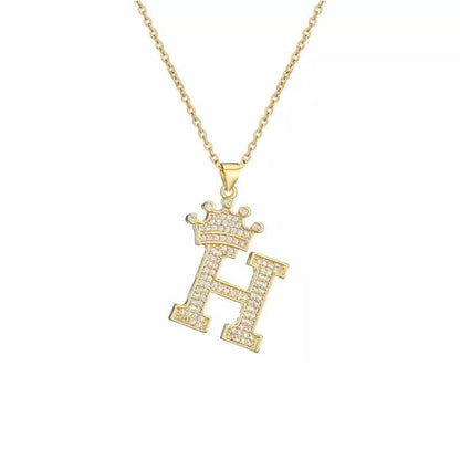Stainless Steel Gold Overlay Hip Hop Crown A-Z Letters Necklace for Men and Women