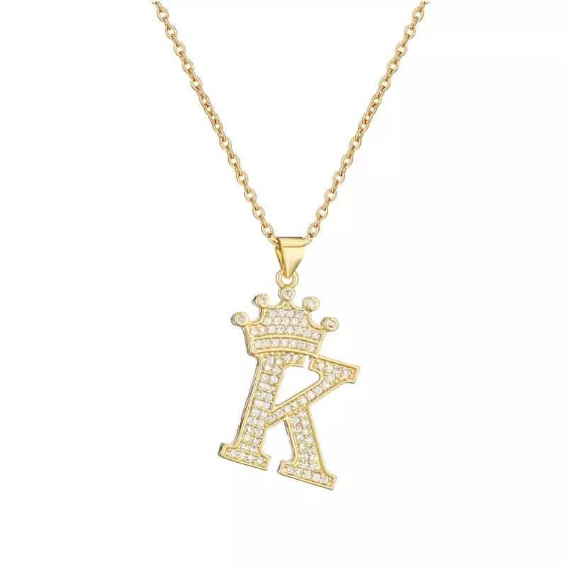 Stainless Steel Gold Overlay Hip Hop Crown A-Z Letters Necklace for Men and Women