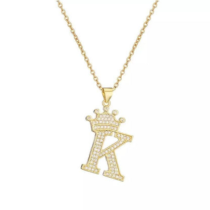Stainless Steel Gold Overlay Hip Hop Crown A-Z Letters Necklace for Men and Women