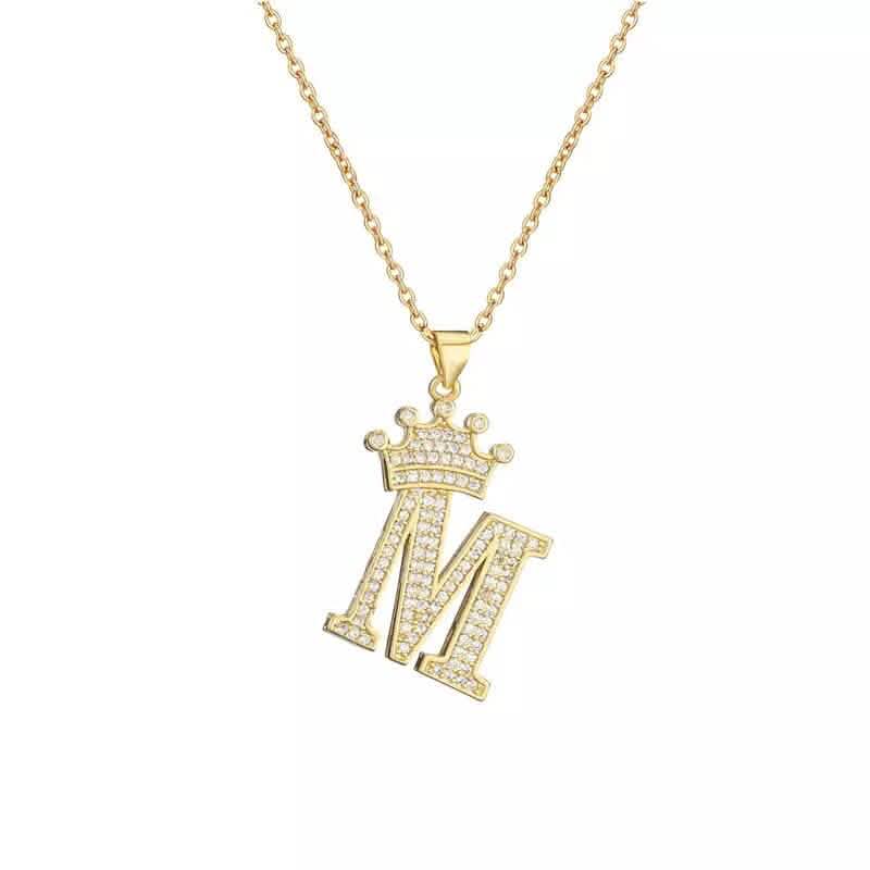 Stainless Steel Gold Overlay Hip Hop Crown A-Z Letters Necklace for Men and Women