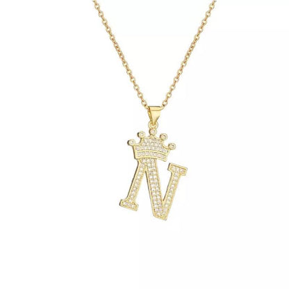 Stainless Steel Gold Overlay Hip Hop Crown A-Z Letters Necklace for Men and Women