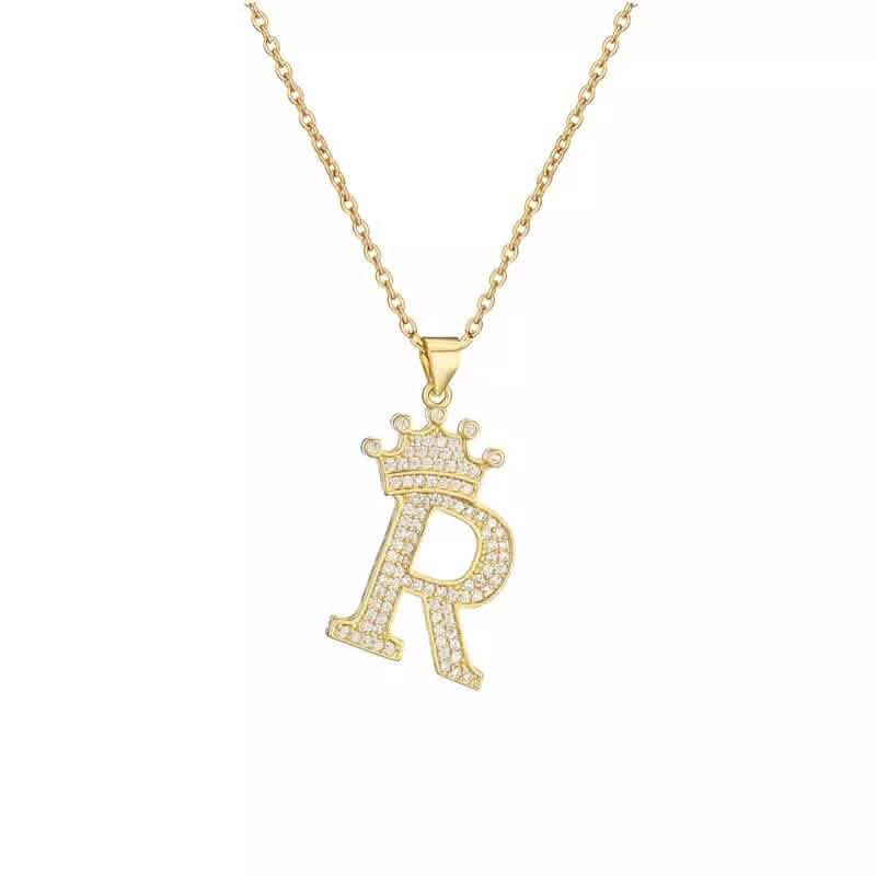 Stainless Steel Gold Overlay Hip Hop Crown A-Z Letters Necklace for Men and Women