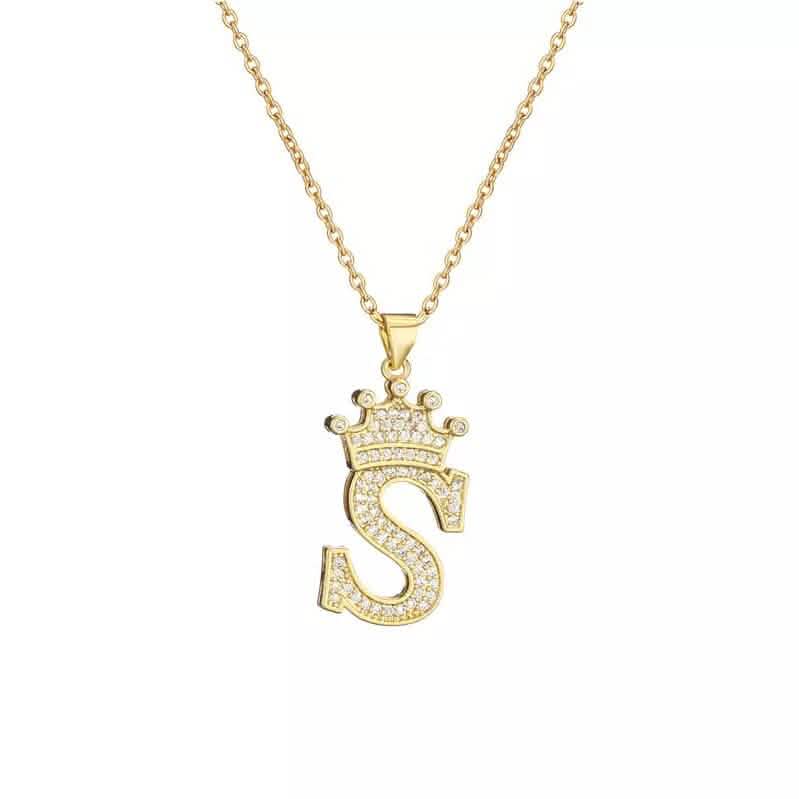 Stainless Steel Gold Overlay Hip Hop Crown A-Z Letters Necklace for Men and Women